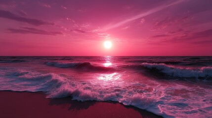 Fototapeta premium Pink Sunset Over Ocean Waves - Serene pink sunset scene over calm ocean waves gently lapping on a sandy beach. Tranquil and peaceful