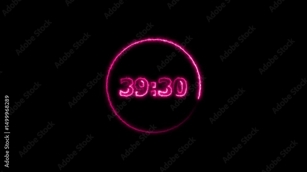 Poster digital countdown timer neon bright magenta red color animation of 44 second on transparent on black