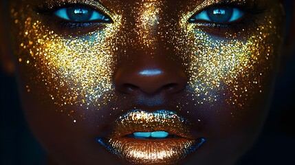 Close up of a person's face with gold lips 