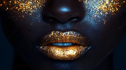 Close up of a person's face with gold lips 