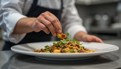 Chef plating gourmet dish in professional kitchen, close-up of hands and food, culinary excellence"
