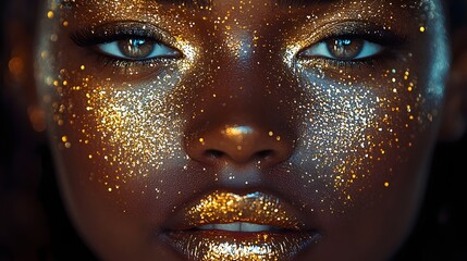 Close up of a person's face with gold lips 
