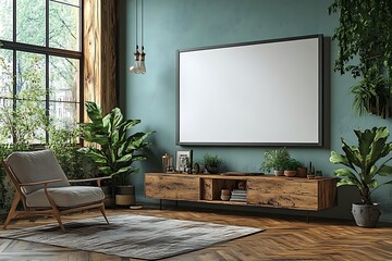 Airy armchair sits near the window with plants and a large blank canvas on the wall