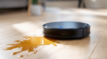 Robotic Vacuum Cleaner and Spilled Liquid - A modern robotic vacuum cleaner sits on a light wood floor next to a spill, symbolizing cleaning, technology, home maintenance, accidents