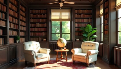 Classic library room with floor-to-ceiling bookshelves, leather armchairs, and vintage globe decor .