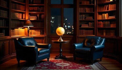 Classic library room with floor-to-ceiling bookshelves, leather armchairs, and vintage globe decor .