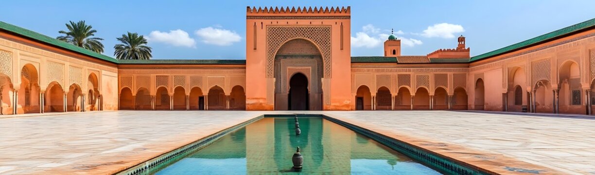 Moroccan courtyard, reflecting pool, sunny day
