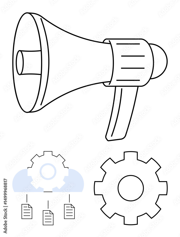 Poster megaphone for communication, gear for process, cloud with connected documents for data management. i