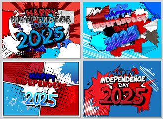 Cartoon Happy Independence Day 2025 poster set, comic book holiday greeting collection. Retro vector comics pop art design.