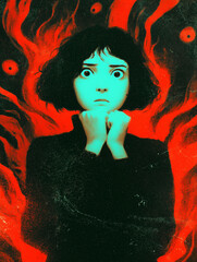 Young woman experiencing anxiety and fear surrounded by red and black hallucination