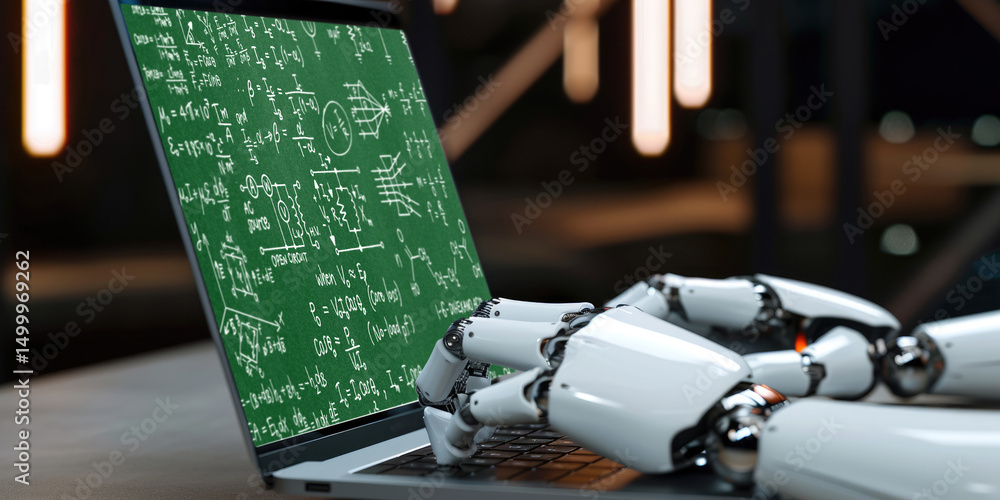 Poster mathematic equations and brisk formula on computer screen showing concept of science and education