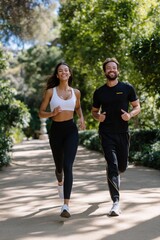 Couple jogging in park, sunny day