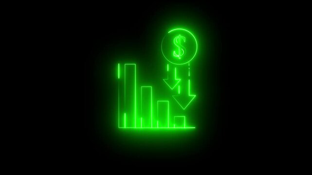 Glowing neon line of dollar sign icon and down arrow neon line of dollar sign icon and down purple and blue arrow isolated on transparent coin, concept, cost, crisis, currency, cut, debt, decline. 