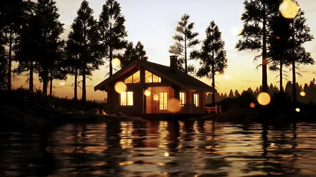 A seamless looping 3D CGI time-lapse animation of a warm, glowing wooden cabin nestled beside a serene forest lake during a radiant sunset.