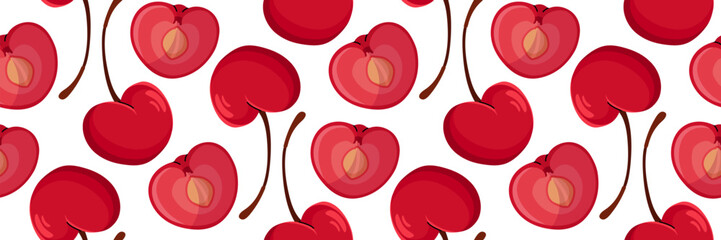 Red cherry Seamless pattern. Whole and one sliced in half showing pit. Spring garden background. Perfect for textile, menu, packaging, kitchen design. Cartoon vector illustration.