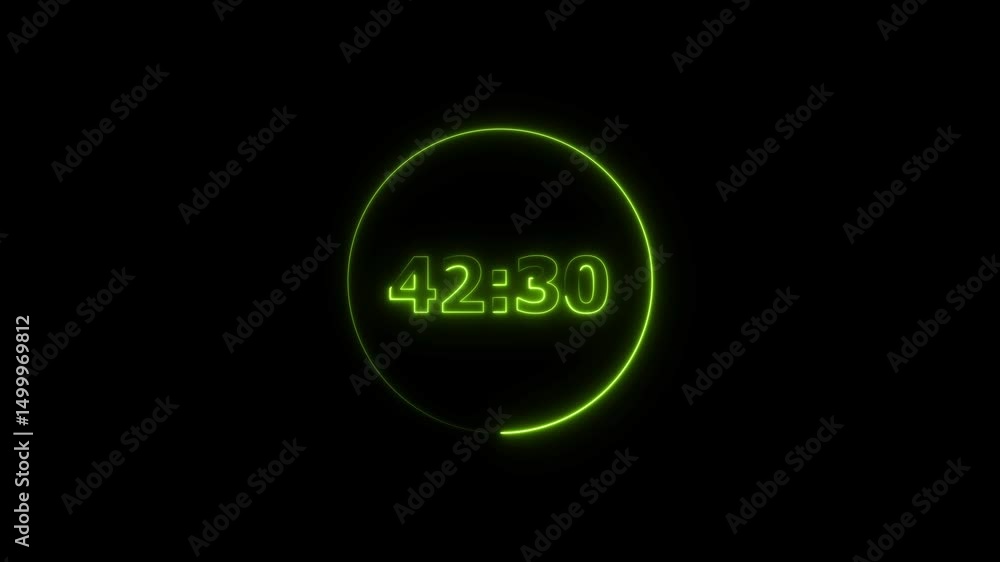 Poster digital countdown timer neon bright lime green color animation of 47 second transparent on black bac