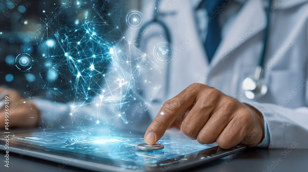 Poster doctor using digital tablet with futuristic interface and stethoscope in a medical setting view