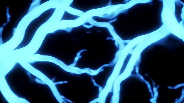 A seamless looping animation of an abstract, glowing water nexus. Electric-blue water veins pulse and flow across a dark aquatic background.