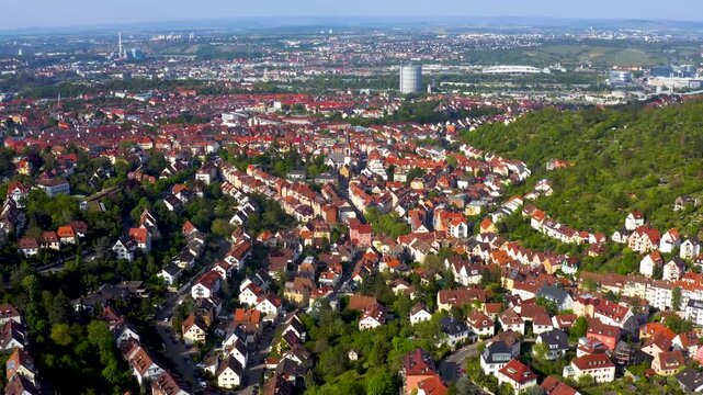 Aerial panoramic view around the city Stuttgart ost stadt  in Germany on a cloudy spring day