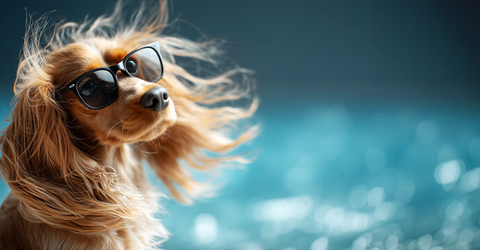 Ein langhaariger Hund mit schwarzer Sonnenbrille und wehendem Fell vor einem t&uuml;rkisfarbenen Meeres-Hintergrund. 