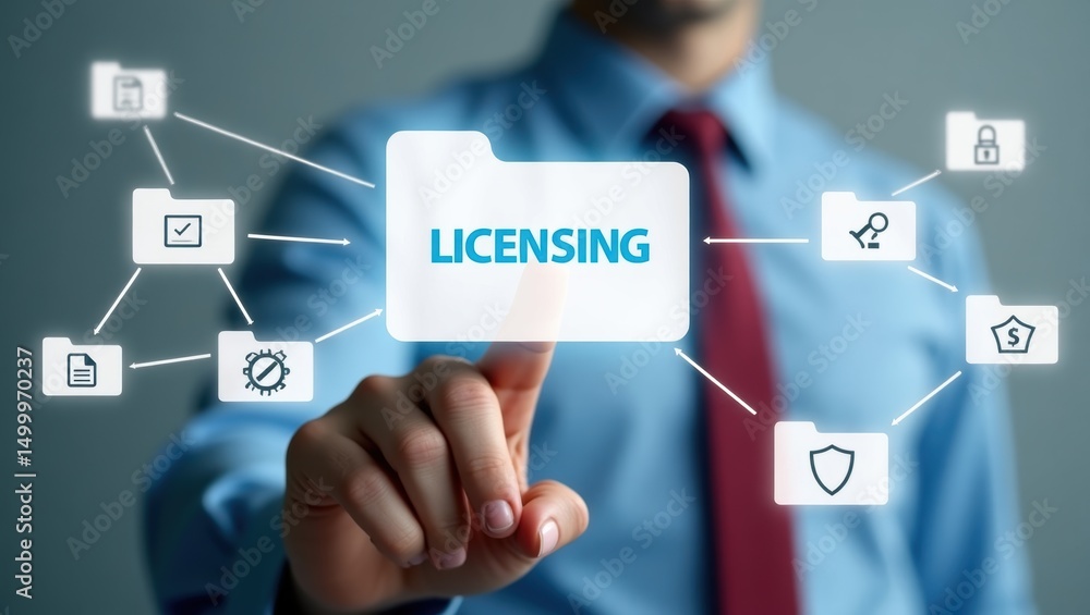 Poster a person interacting with a digital interface showcasing licensing options.