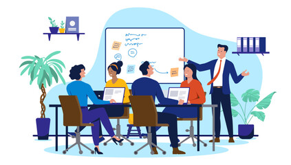 Business meeting in office - Group of people or businesspeople sitting at meeting table together in workshop listening to presentation. Flat design vector illustration on white background