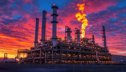 Fototapeta premium Industrial plant at sunset with fiery plume