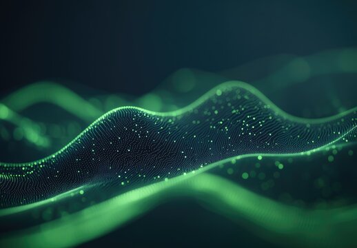 Abstract digital wave, glowing green dots on dark background - Powered by Adobe