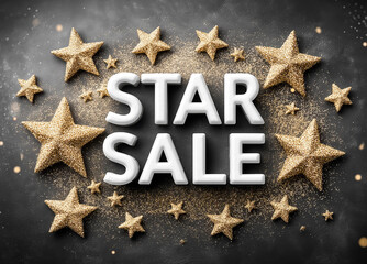 STAR SALE on a black background, surrounded by 3D golden stars and glitter. Concept of major promotions, seasonal discounts, and attractive sales with a premium, eye-catching presentation.