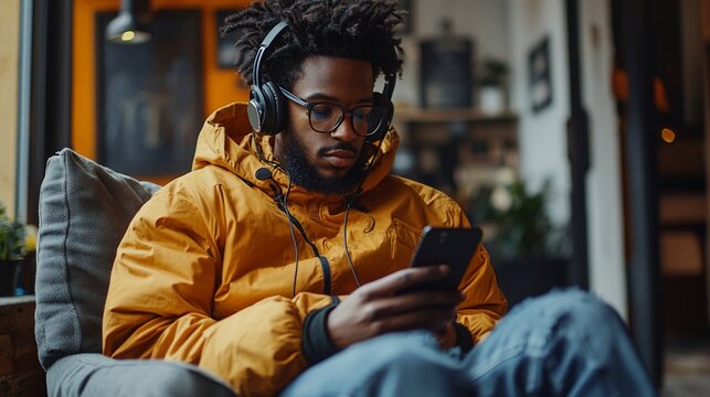 Man in yellow jacket sits listening to music on headphones using smartphone