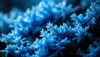 Naklejka premium Sapphire Blue Crystal Frost on Obsidian Surface, Abstract Design, Ethereal Cool Mood