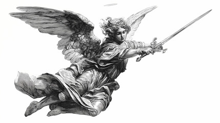 Archangel Tattoo Design Flying Warrior Angel Sword Art Powerful Guardian Mythic Figure Religious Symbolism Spiritual Protection Graphic Illustration Body Art Idea
