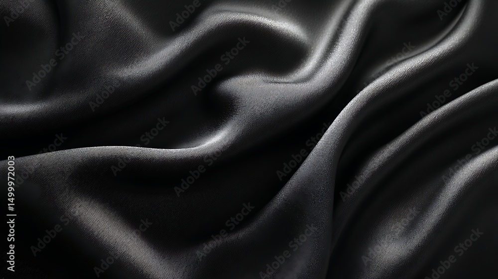 Poster This image showcases an elegant black satin fabric with luxurious waves creating a smooth texture perfect for background use