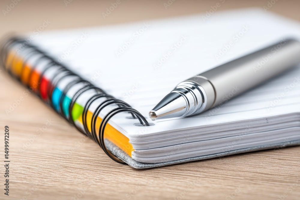 Poster spiral notebook and pen on desk - close-up of a spiral notebook with a silver pen resting on it, on 