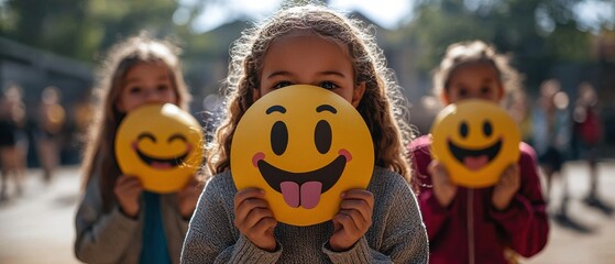 Naklejka premium Three young girls holding bright yellow emoji masks in a busy schoolyard