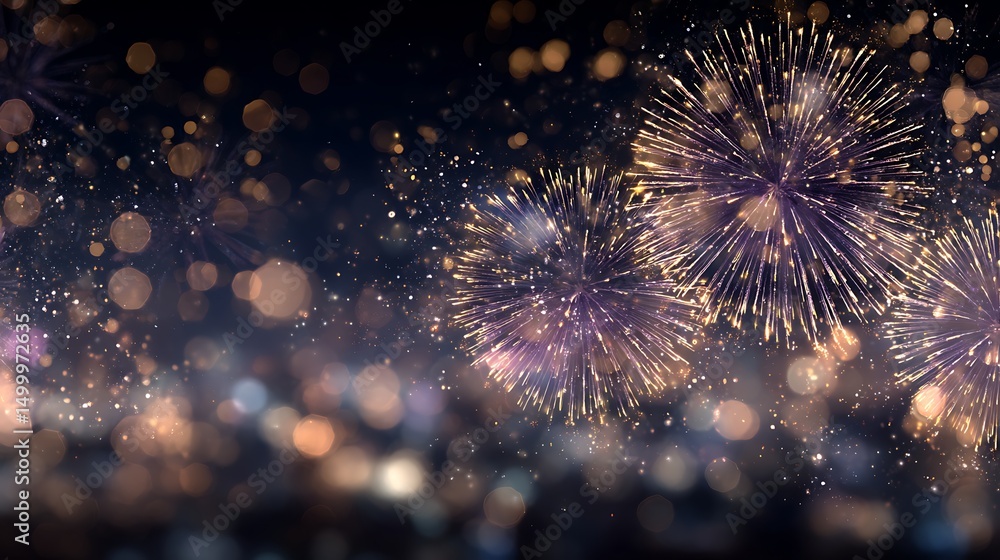 Poster gold and dark violet fireworks and bokeh in new year eve and copy space, abstract background holiday