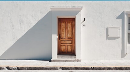 Fototapeta premium New house with wooden door and empty white signage, 3d rendering of large patio in modern home