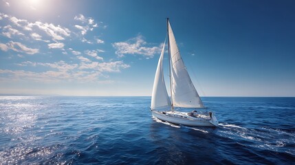 Obraz premium White yacht sailing on a clear sunny day, close-up view from the deck to the bow and sails, waves and water splashes