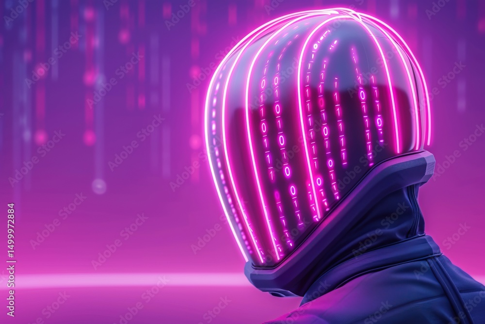 Poster neon-lit figure in a cyberpunk setting with digital code
