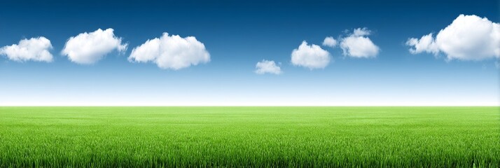 Obraz premium Summer Meadow Under Blue Sky - Serene landscape, bright sun, lush green grass, fluffy white clouds, vast open space. Symbolizing peace, nature, freedom, growth, and tranquility