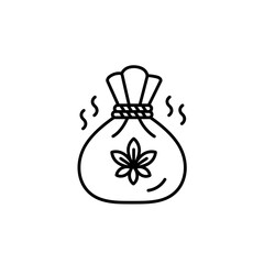Herbal pouch with flower design emitting aroma. Black and white minimalist icon, editable SVG.