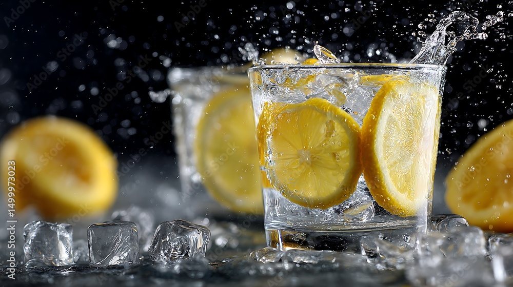 Poster refreshing splash of water with lemon slices and ice cubes, perfect for summer drink concepts or coo