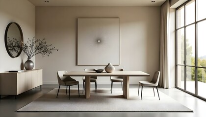 Fototapeta premium Contemporary art-inspired dining room with abstract wall art, bold colors, and sculptural furniture.