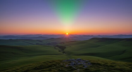 Fototapeta premium Sunrise Over Rolling Green Hills Landscape
