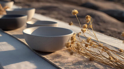 Minimalist Table Setting with Smooth Stone Bowls and Dried Flowers on Textured Runner in Natural Light