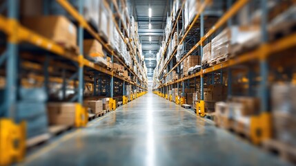 Warehouse industry blur background with logistic wholesale storehouse, blurry industrial silo interior aisle for furniture merchandise inventory and wood material, construction supplies big box store