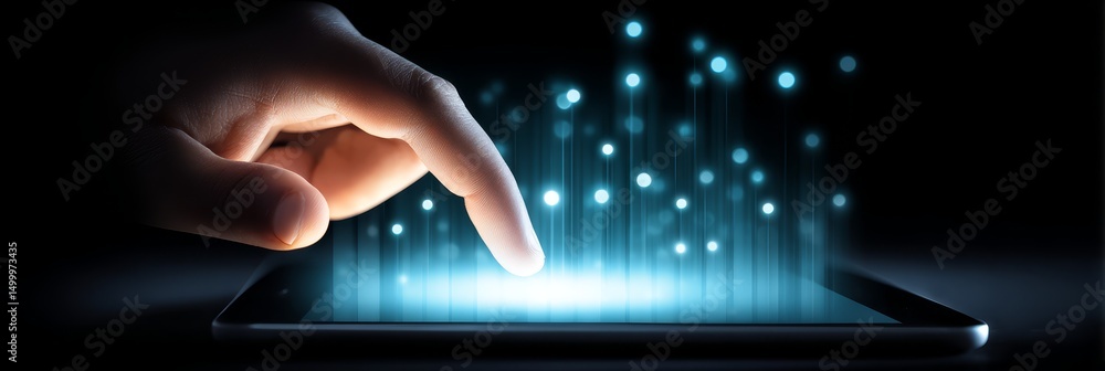 Poster touch innovation - fingertip interacts with glowing data streams on a tablet screen, symbolizing tec