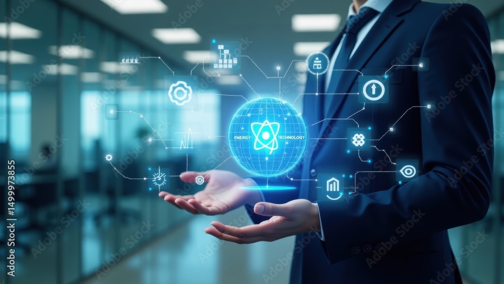 Poster holographic projection of atomic technology concepts in a business setting.