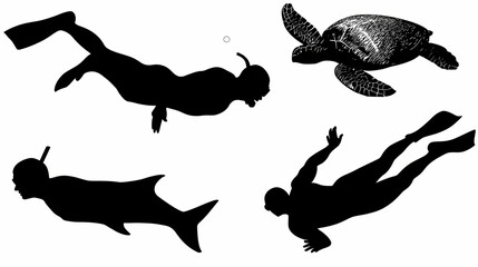 Obraz premium Swimming Silhouette Set Black White Diver Swimmer Vector Graphic Water Sport Icon Aquatic Activity Clip Art Poolside Design Element Monochrome Illustration 