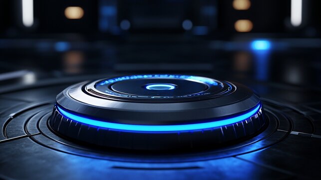 Futuristic circular device with glowing blue light, metallic surface, dark background - Powered by Adobe